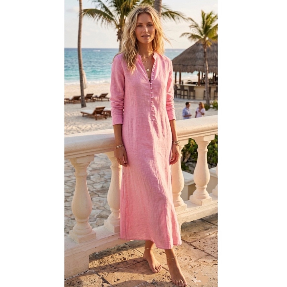 Island Company Linen Maxi Tunic Dress Soft Pink